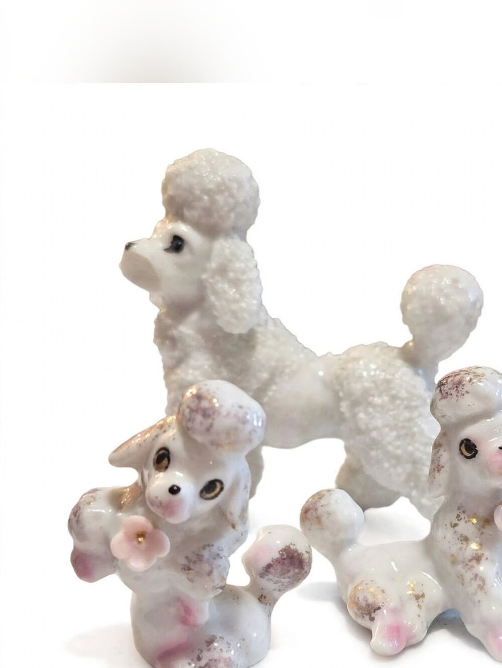 Vintage White Spaghetti Poodle Family Mama + 2 Babies Japan 1950s 3pc Set